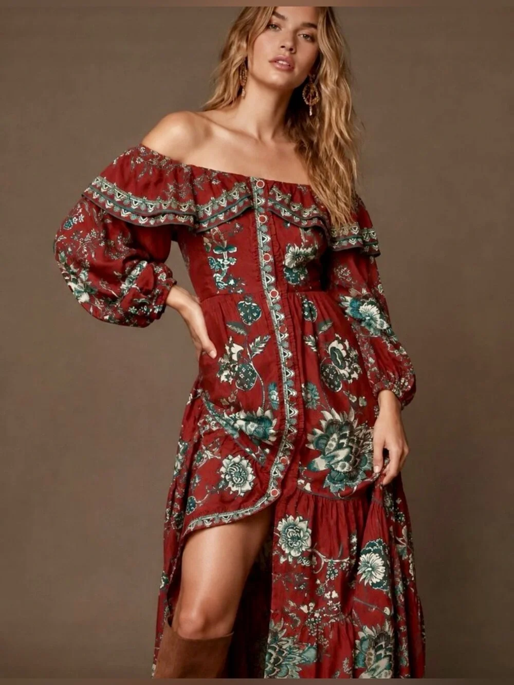 FARM Rio Off-Shoulder Floral Maxi Dress Rust Red Fall Autumn Fashion Sexy Boho